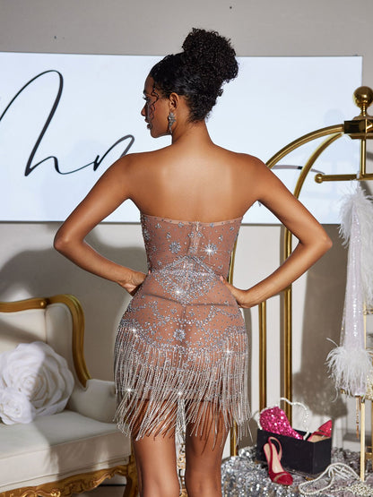 Strapless Sweetheart Corset Rhinestone Mesh Beaded Fringe Mini Dress