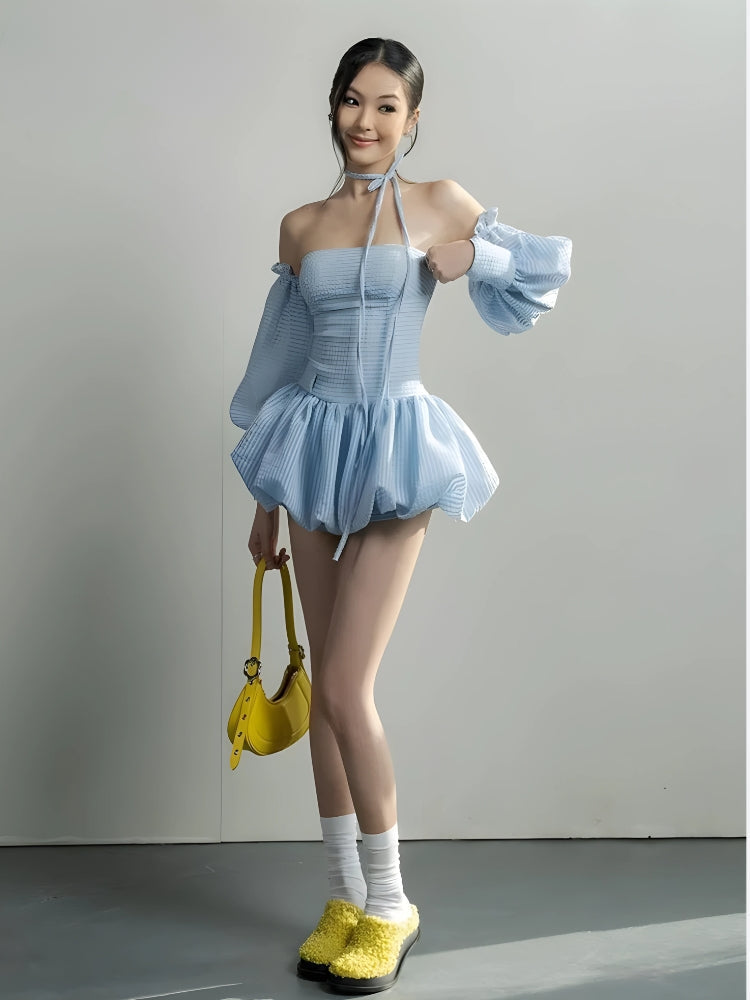 Off-Shoulder Puff Sleeve Halter Tie Bubble Hem Mini Dress