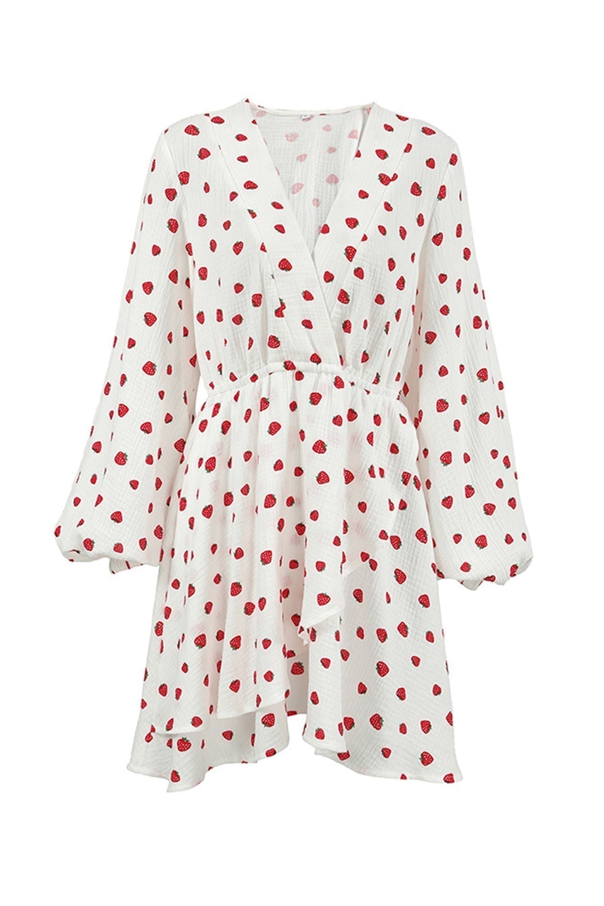 Strawberry Print V-Neck Balloon Sleeve Tiered Ruffle Mini Dress