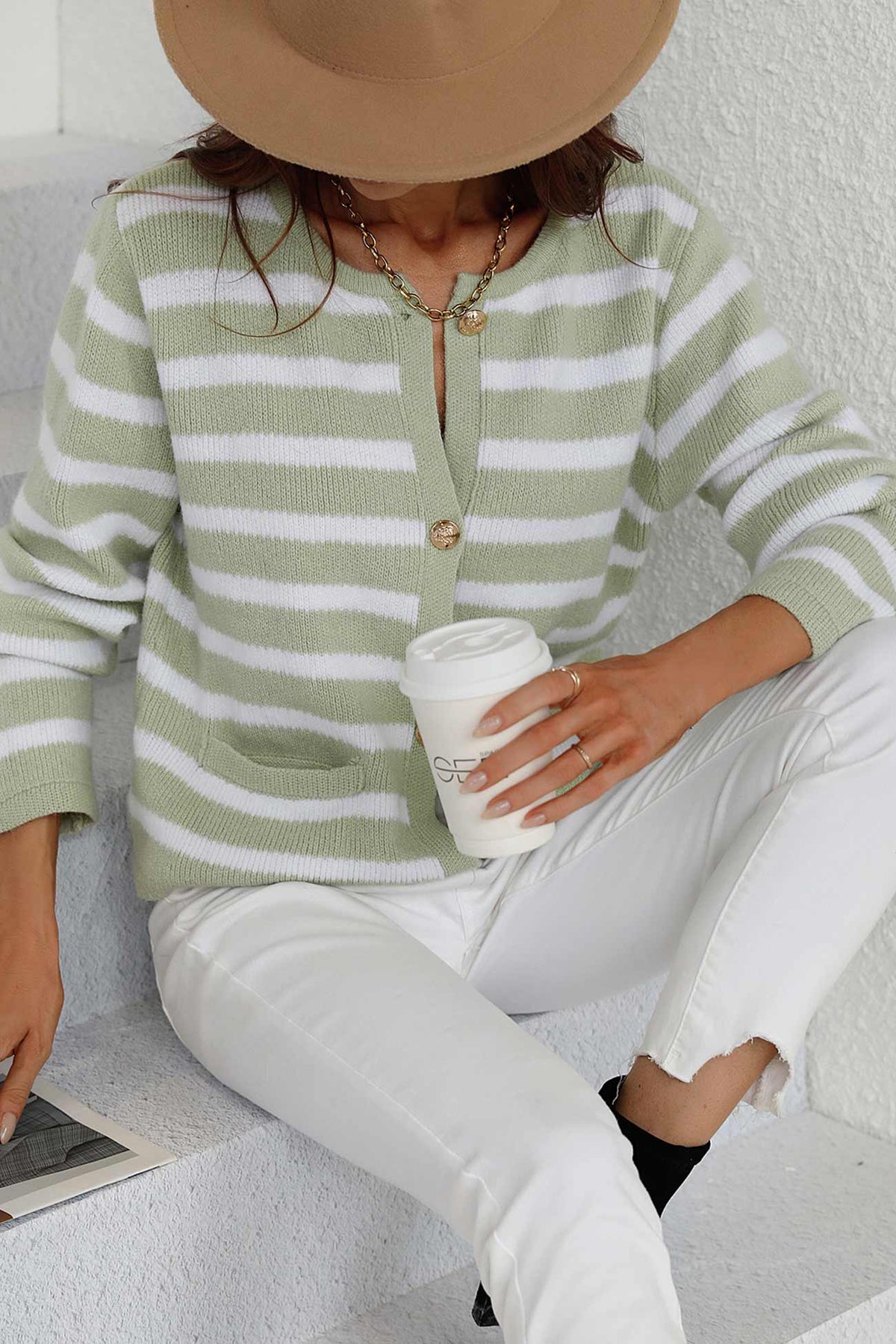 Striped Front With Pocket Cardigan
