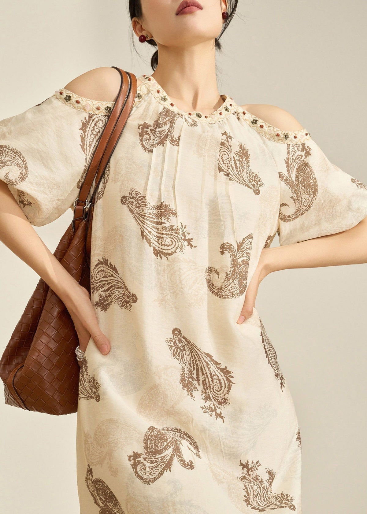 Round Neck Cold Shoulder Beaded Trim Paisley Print Short Sleeve Dress