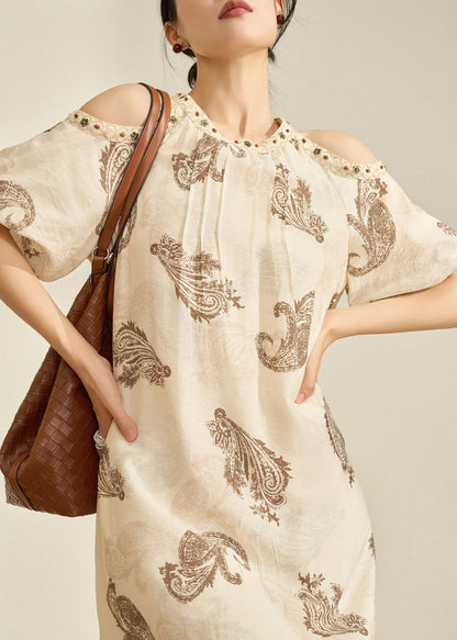 Round Neck Cold Shoulder Beaded Trim Paisley Print Short Sleeve Dress