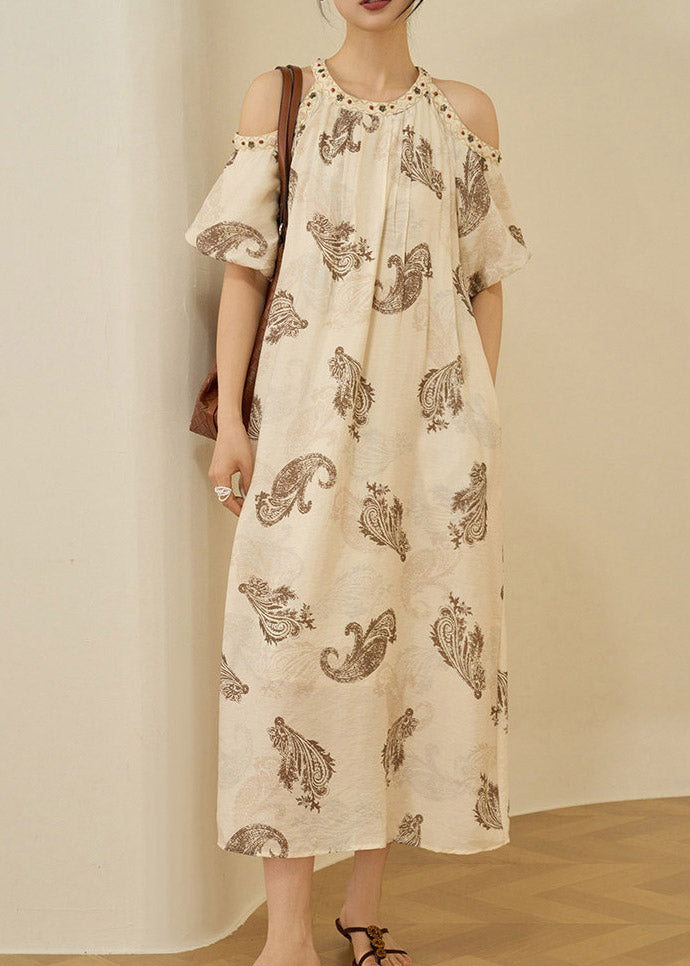Round Neck Cold Shoulder Beaded Trim Paisley Print Short Sleeve Dress