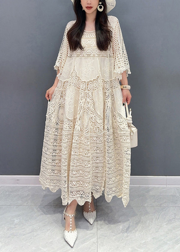Scoop Neck Crochet Lace Panel Flutter Sleeve Scalloped Hem Maxi Kaftan Dress