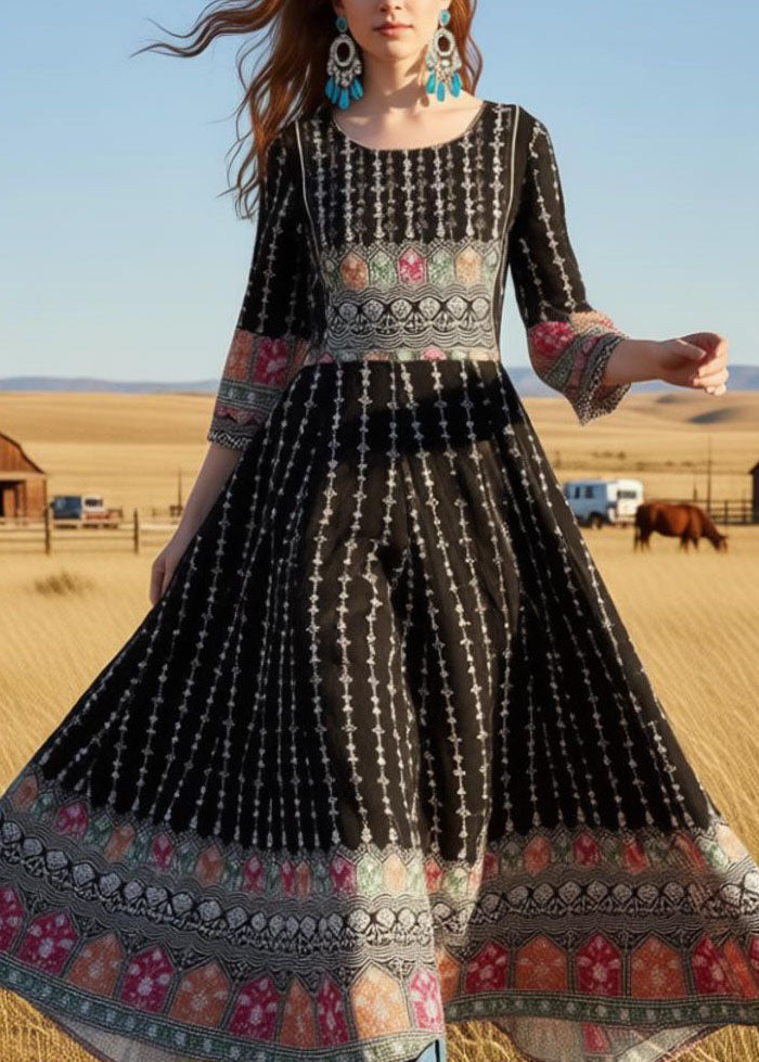 Round Neck Bell Sleeve Geometric Border Print Anarkali Maxi Dress