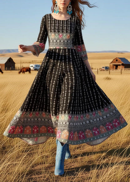 Round Neck Bell Sleeve Geometric Border Print Anarkali Maxi Dress