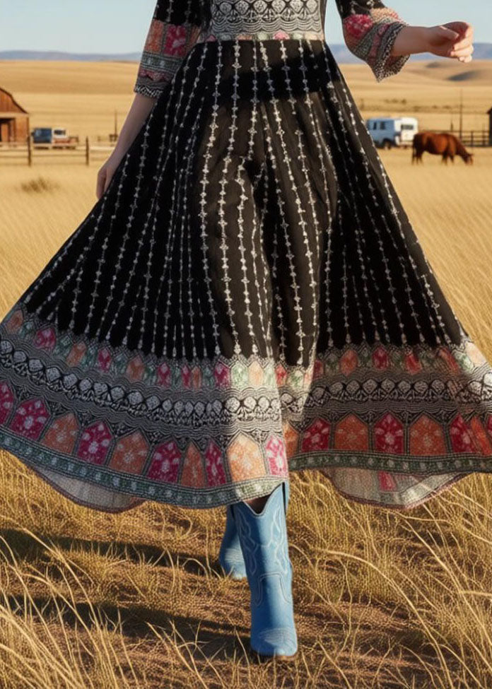 Round Neck Bell Sleeve Geometric Border Print Anarkali Maxi Dress