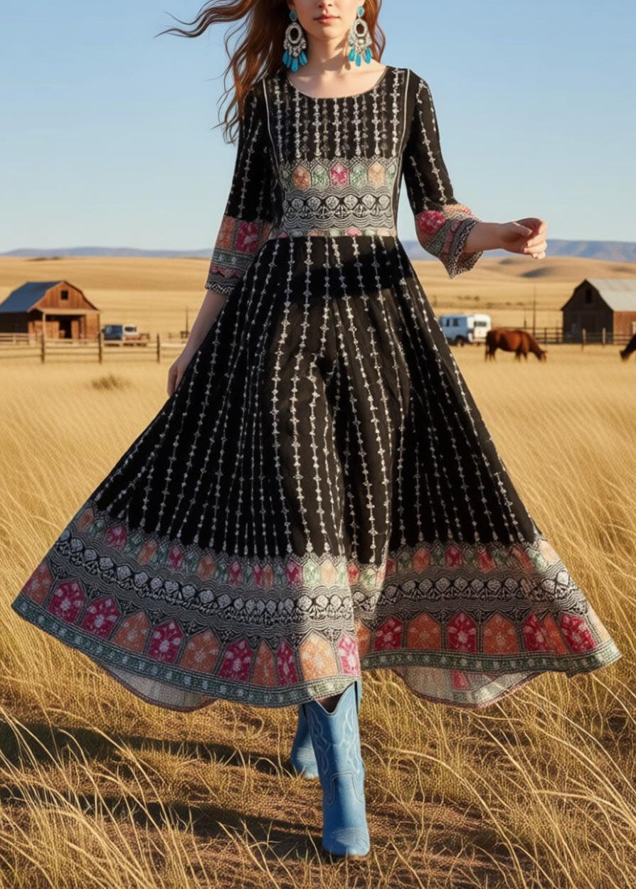 Round Neck Bell Sleeve Geometric Border Print Anarkali Maxi Dress
