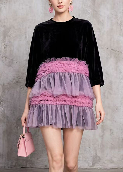 Crew Neck Velvet Half Sleeve Tiered Tulle Ruffled Mini Dress