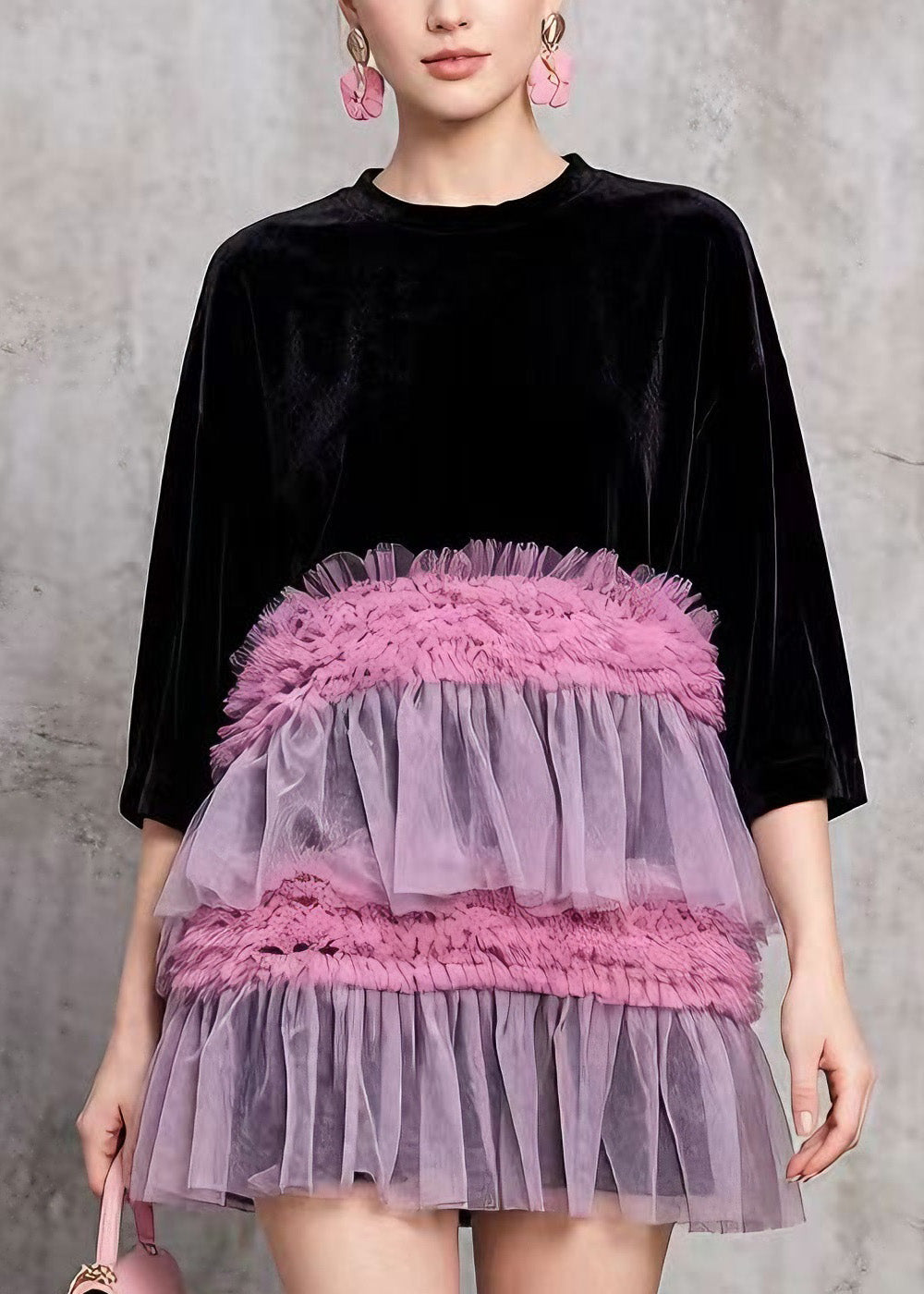 Crew Neck Velvet Half Sleeve Tiered Tulle Ruffled Mini Dress