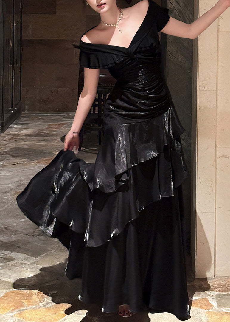 Off Shoulder Ruffle Collar Ruched Tiered Mermaid Maxi Gown