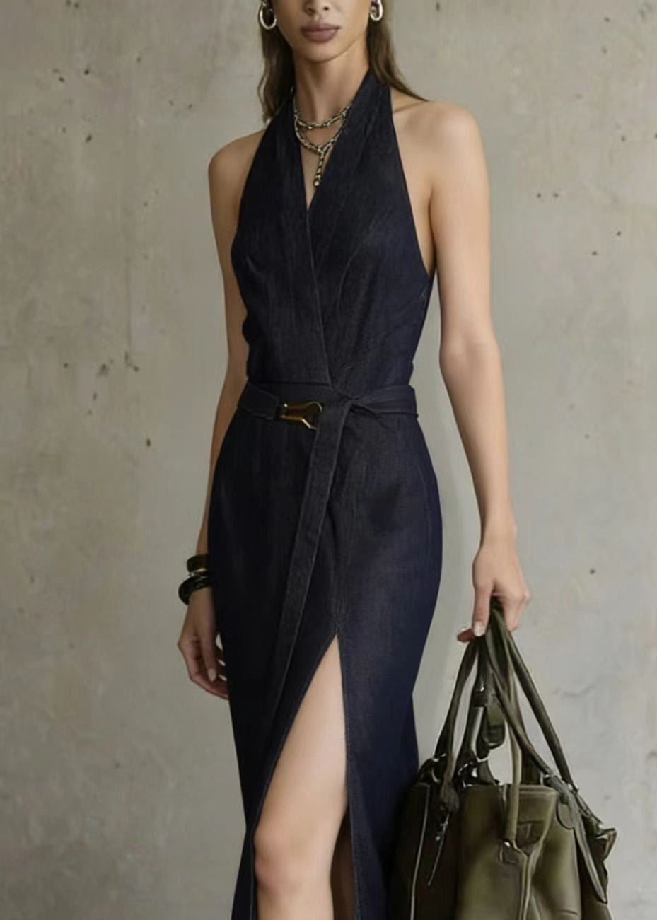 Halter Neck Wrap Belt Side Slit Denim Midi Dress