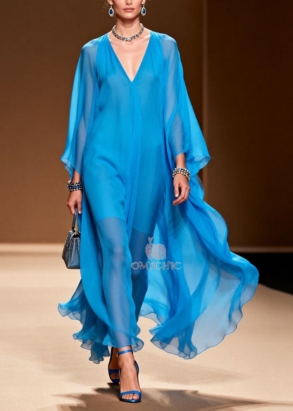 Deep V-Neck Cape Sleeve Sheer Chiffon Maxi Dress