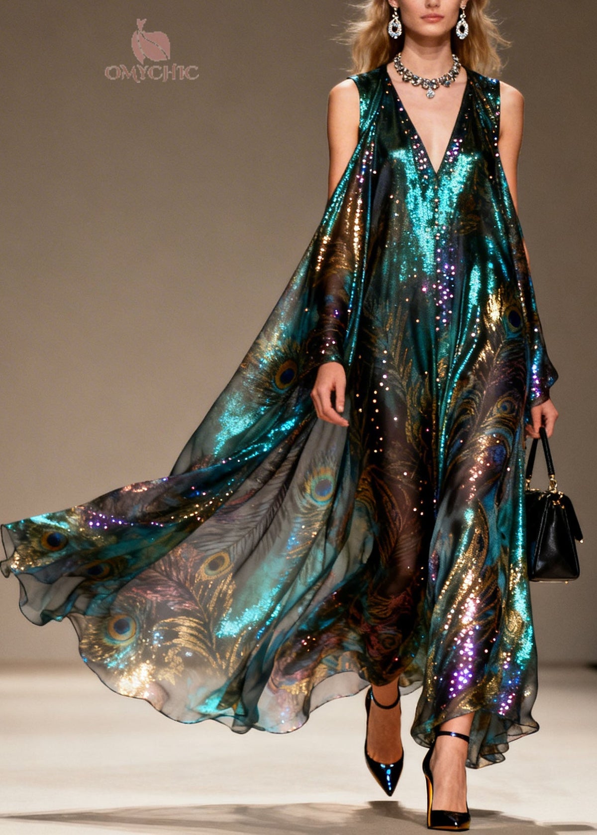 Deep V-Neck Cold Shoulder Cape Sleeve Peacock Print Sequin Maxi Gown