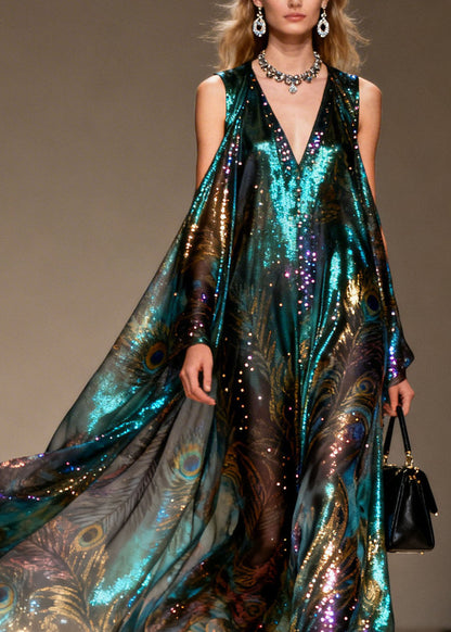 Deep V-Neck Cold Shoulder Cape Sleeve Peacock Print Sequin Maxi Gown