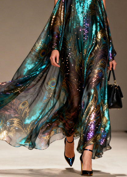 Deep V-Neck Cold Shoulder Cape Sleeve Peacock Print Sequin Maxi Gown