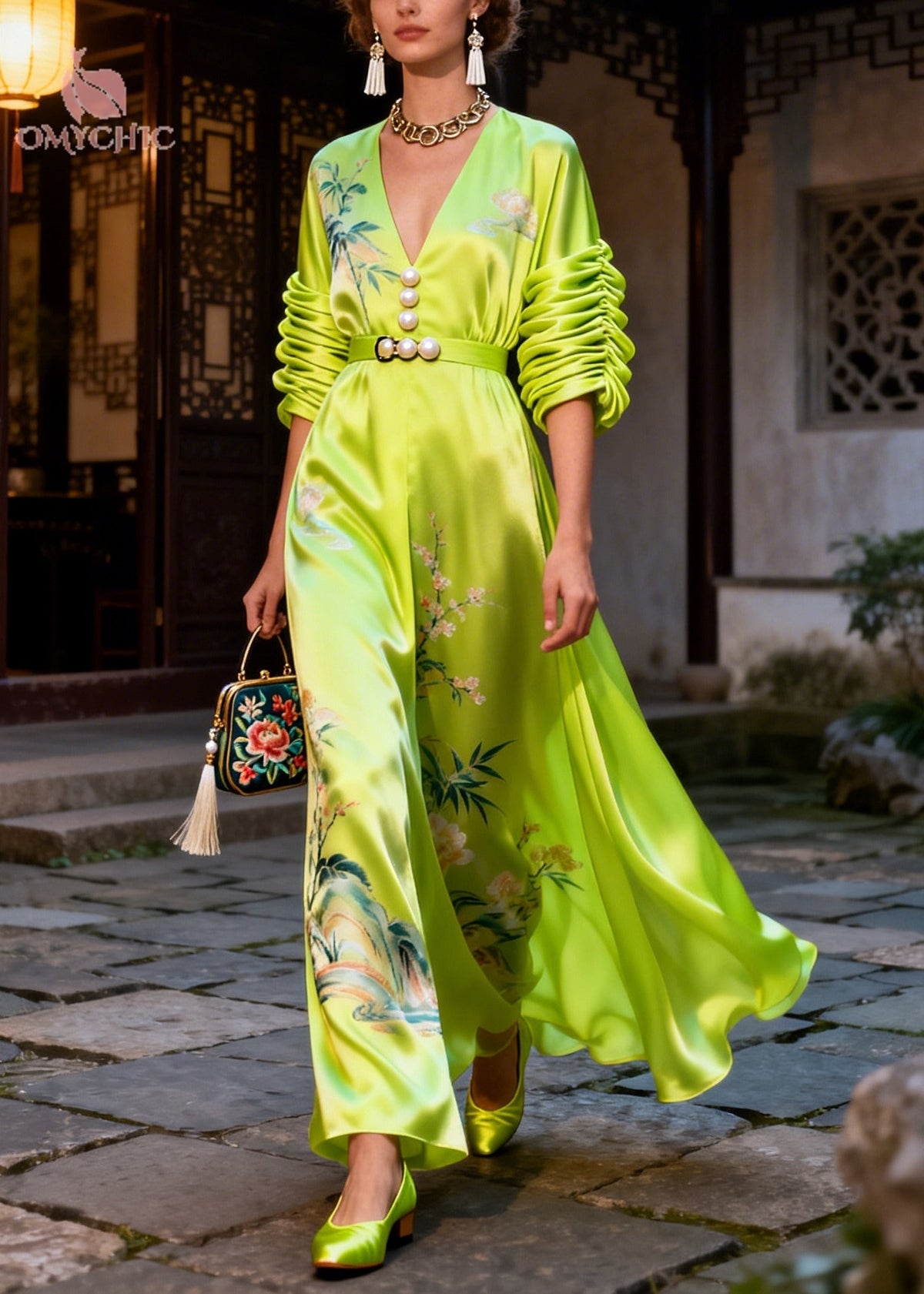 Deep V-Neck Pearl Button Ruched Sleeve Bamboo Landscape Print Satin Maxi Dress