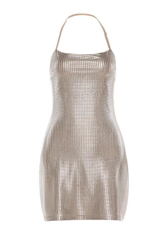 Square Neck Spaghetti Strap Rhinestone Grid Bodycon Mini Dress