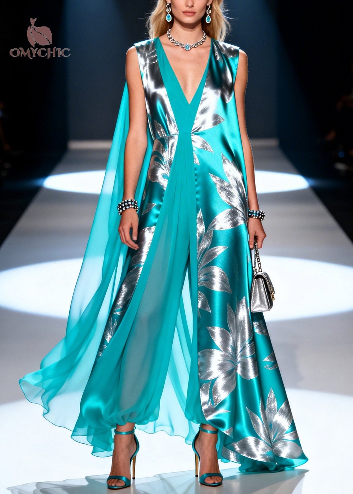 Deep V Neck Metallic Floral Print Wide Leg Chiffon Cape Jumpsuit
