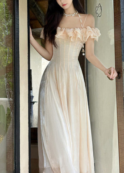 Off Shoulder Ruffle Neck Corset Bodice Pearl Charm Spaghetti Strap Maxi Gown