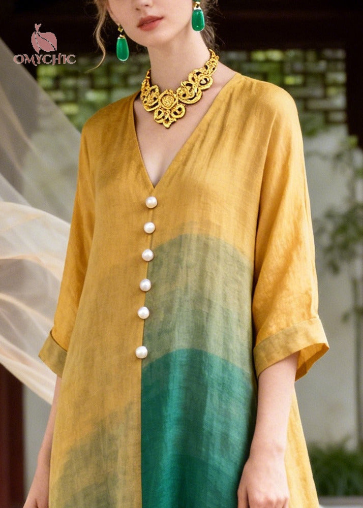 Deep V-Neck Bishop Sleeve Beaded Waist High Slit Chiffon Maxi Gown