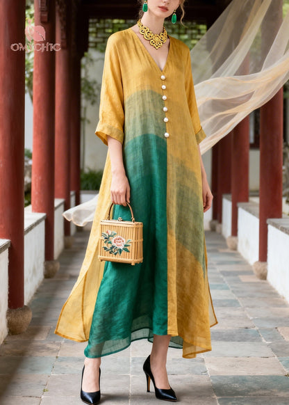 Deep V-Neck Bishop Sleeve Beaded Waist High Slit Chiffon Maxi Gown