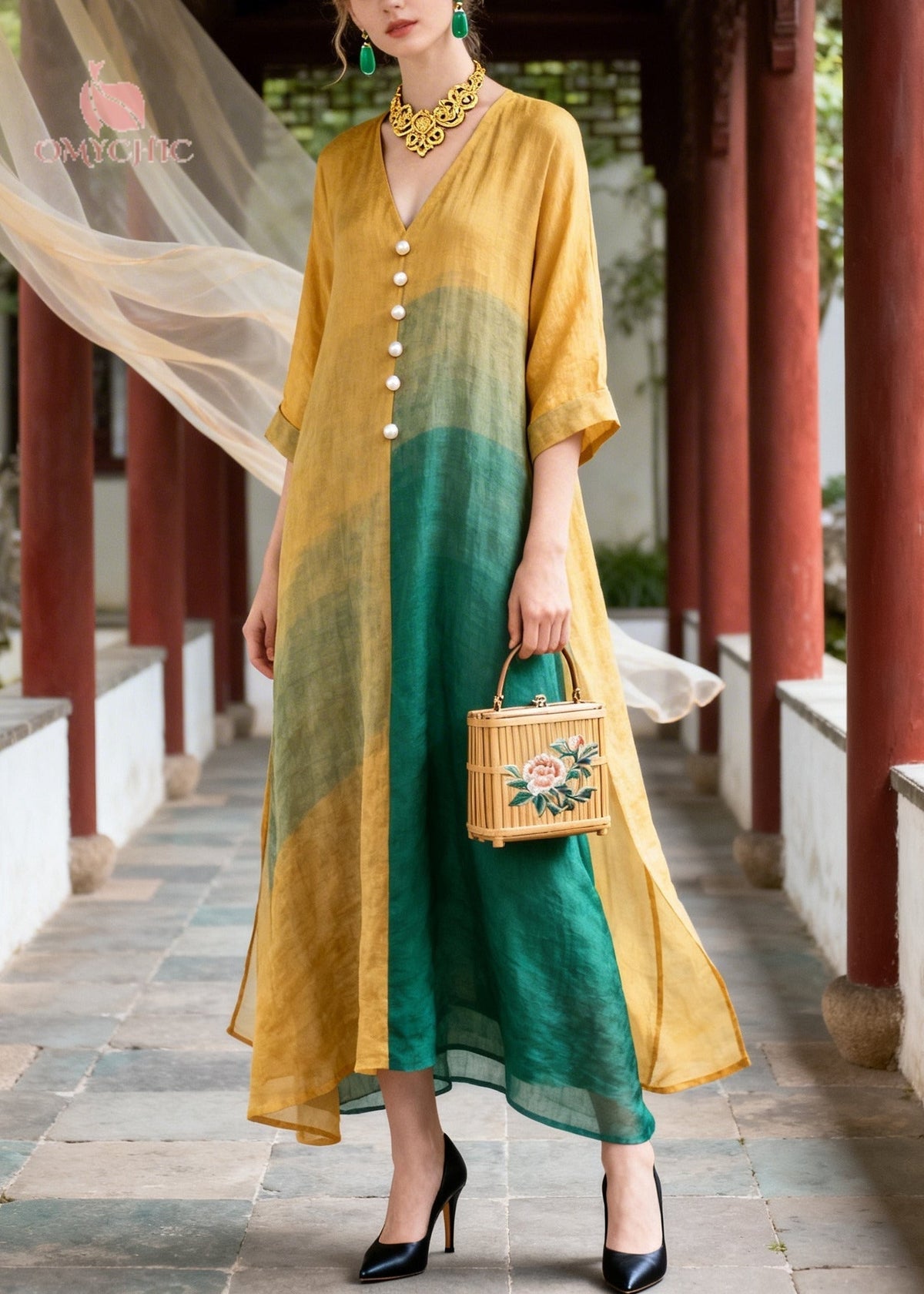Deep V-Neck Bishop Sleeve Beaded Waist High Slit Chiffon Maxi Gown