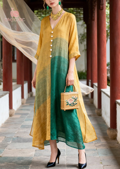 Deep V-Neck Bishop Sleeve Beaded Waist High Slit Chiffon Maxi Gown