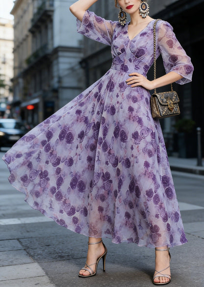 Deep V-Neck Three-Quarter Sleeve Floral Print Fit and Flare Chiffon Midi Dress