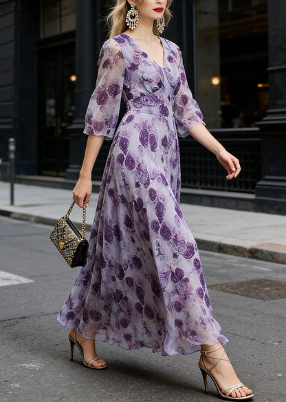 Deep V-Neck Three-Quarter Sleeve Floral Print Fit and Flare Chiffon Midi Dress