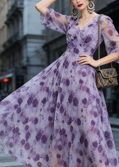 Deep V-Neck Three-Quarter Sleeve Floral Print Fit and Flare Chiffon Midi Dress