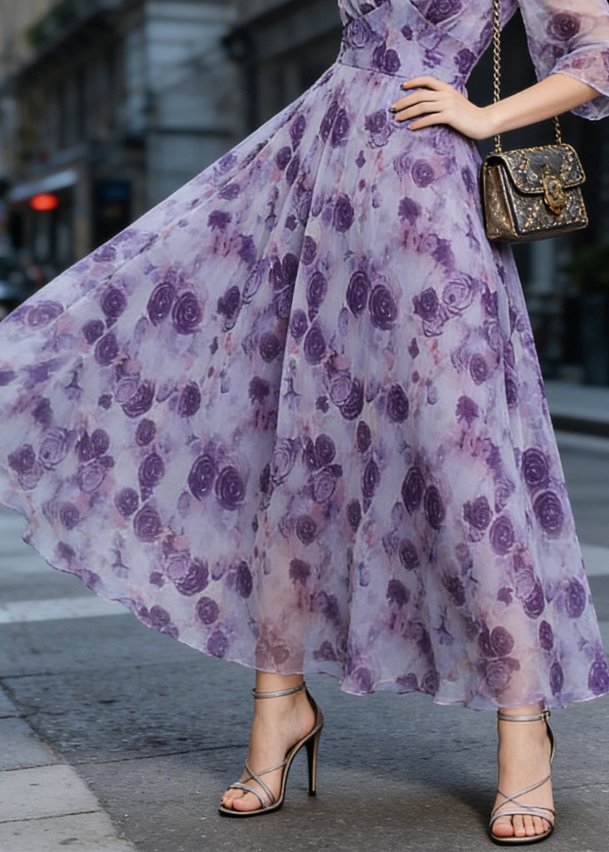 Deep V-Neck Three-Quarter Sleeve Floral Print Fit and Flare Chiffon Midi Dress