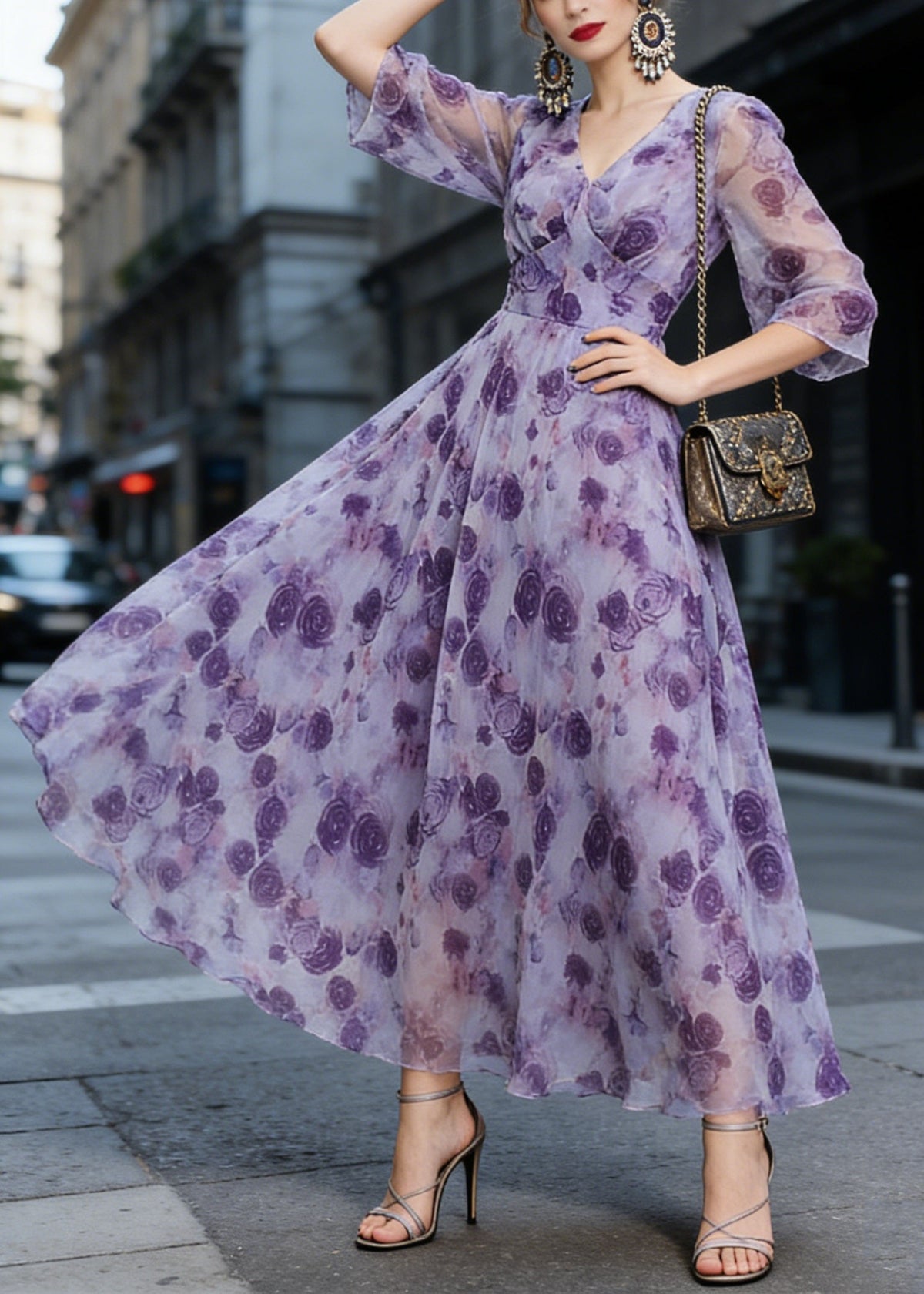 Deep V-Neck Three-Quarter Sleeve Floral Print Fit and Flare Chiffon Midi Dress