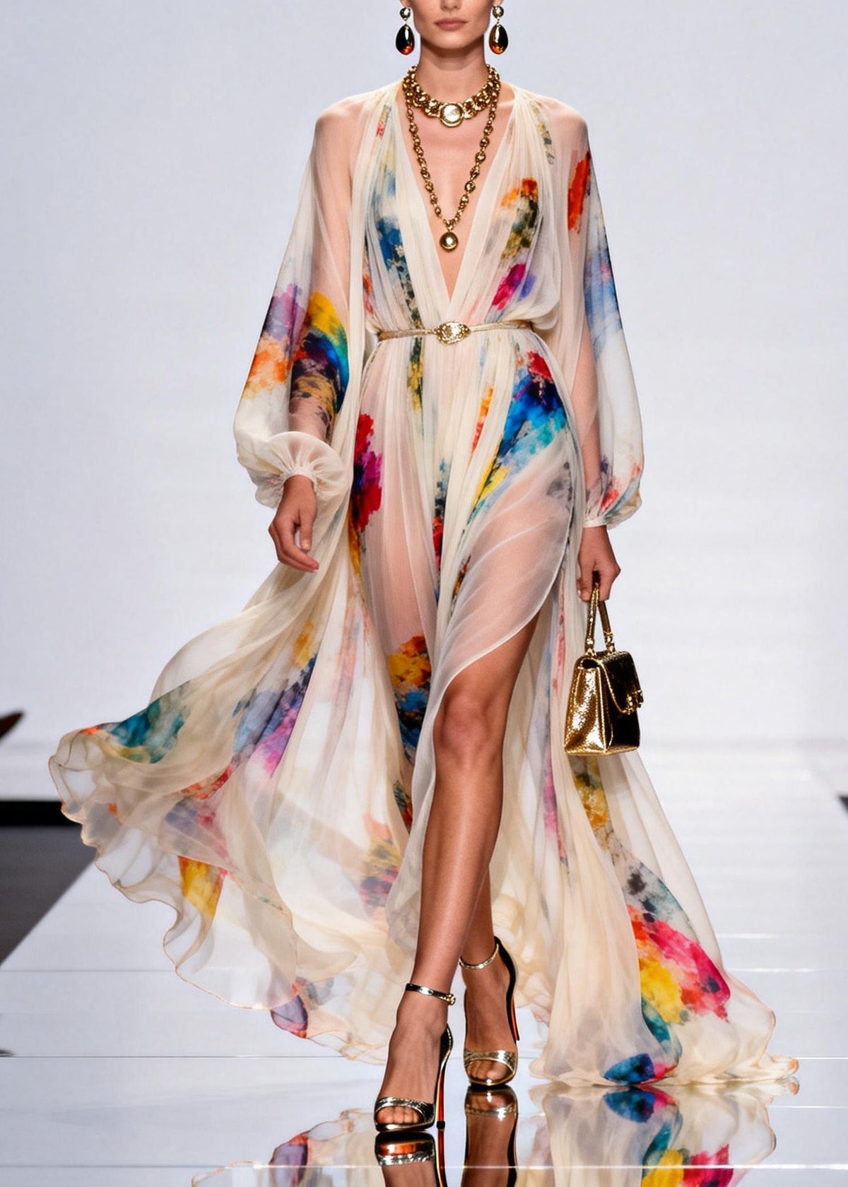 Deep V Neck Watercolor Print Bishop Sleeve Belted High Slit Maxi Dress