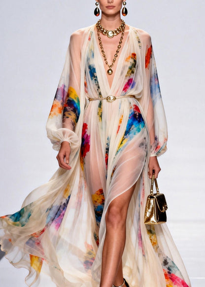 Deep V Neck Watercolor Print Bishop Sleeve Belted High Slit Maxi Dress