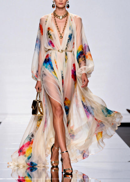 Deep V Neck Watercolor Print Bishop Sleeve Belted High Slit Maxi Dress