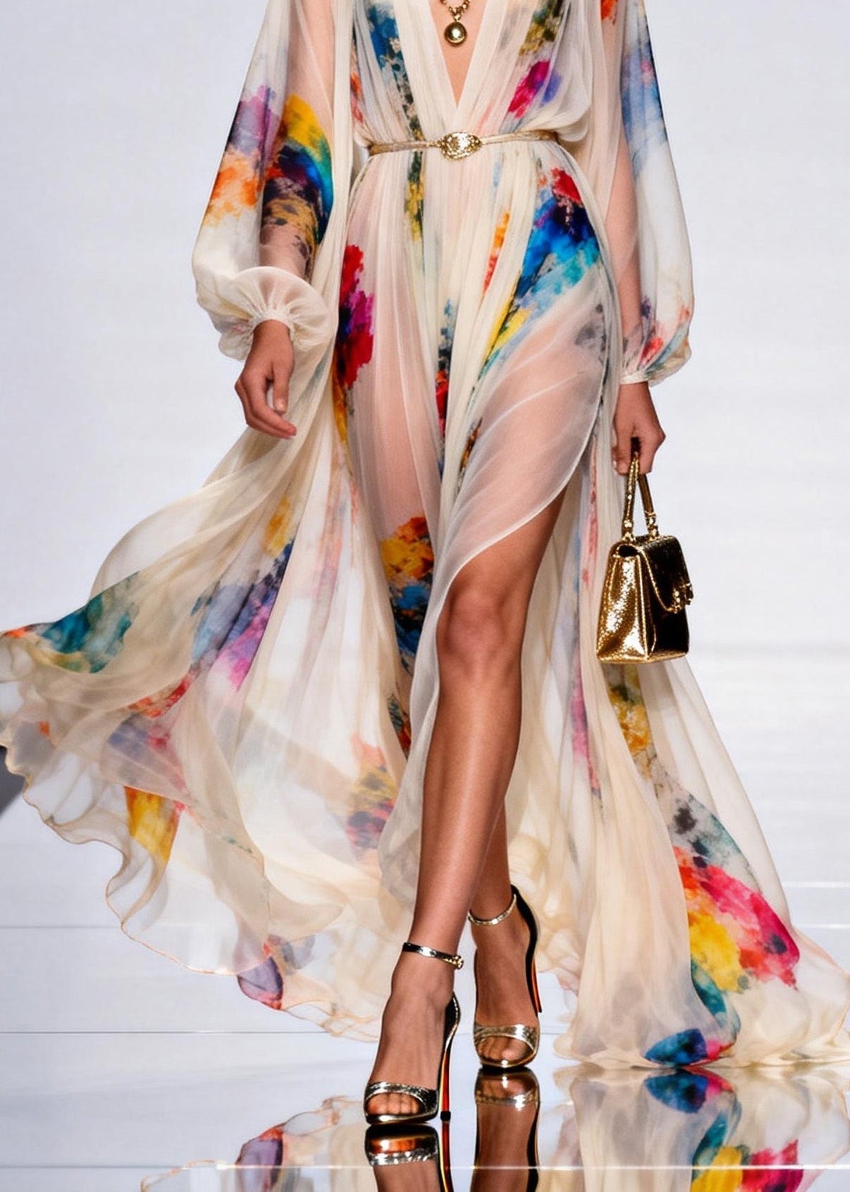 Deep V Neck Watercolor Print Bishop Sleeve Belted High Slit Maxi Dress