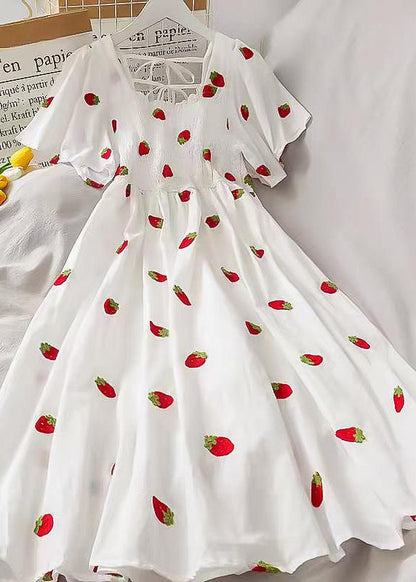 Square Neck Smocked Puff Sleeve Strawberry Print A Line Midi Dress