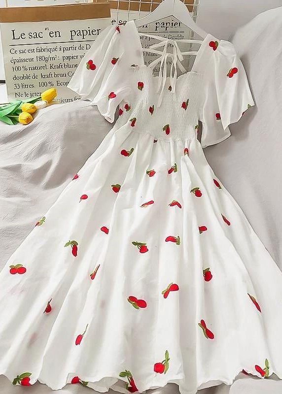 Square Neck Smocked Puff Sleeve Strawberry Print A Line Midi Dress