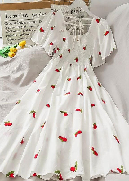 Square Neck Smocked Puff Sleeve Strawberry Print A Line Midi Dress