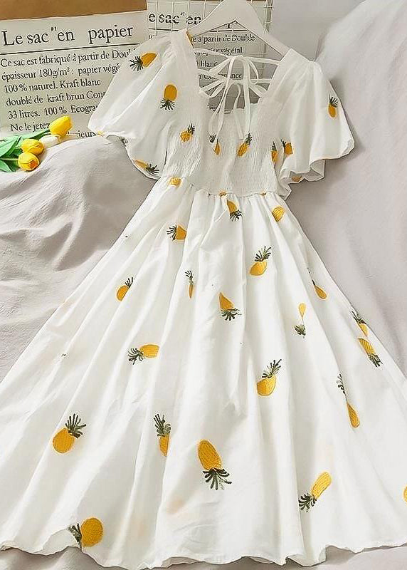 Square Neck Smocked Puff Sleeve Strawberry Print A Line Midi Dress