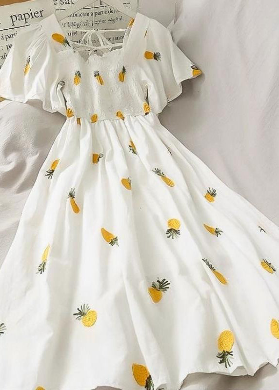 Square Neck Smocked Puff Sleeve Strawberry Print A Line Midi Dress