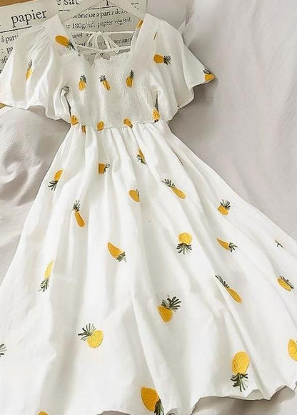 Square Neck Smocked Puff Sleeve Strawberry Print A Line Midi Dress