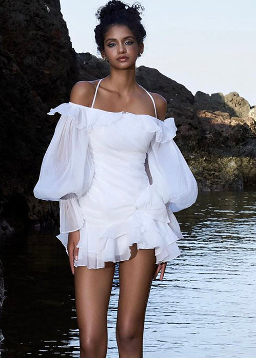 Halter Ruffle Off-Shoulder Balloon Sleeve Ruched Tiered Mini Dress