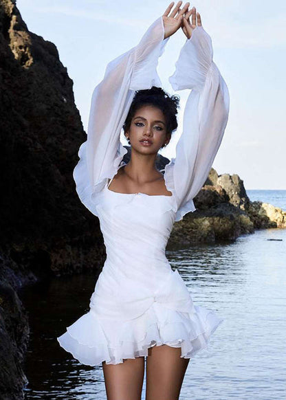Halter Ruffle Off-Shoulder Balloon Sleeve Ruched Tiered Mini Dress
