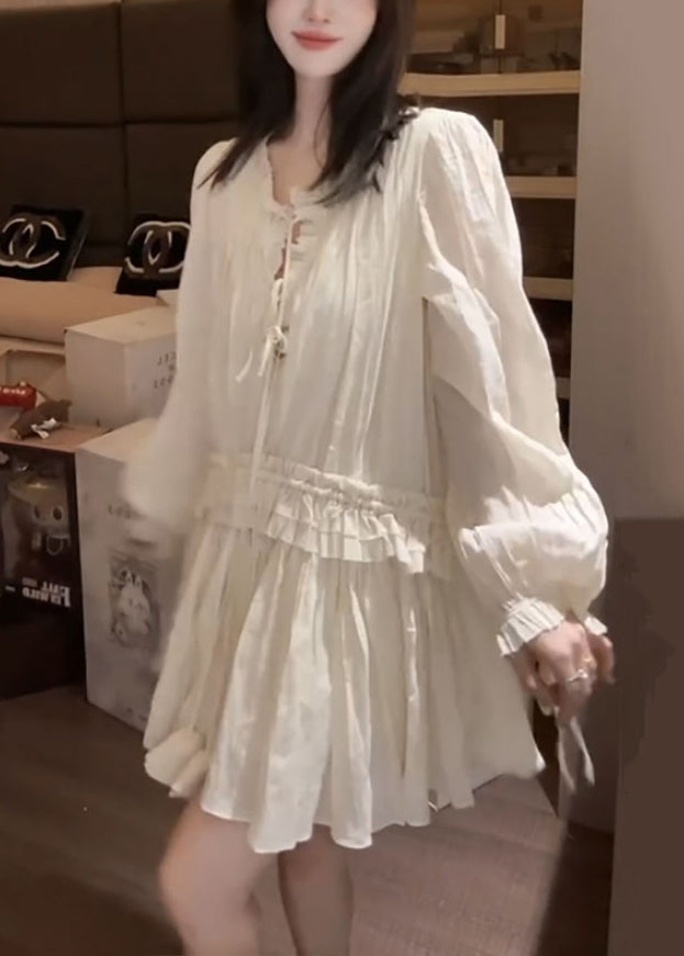 Lace-Up V-Neck Puff Sleeve Ruffle Tier Babydoll Mini Dress