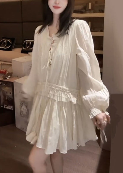 Lace-Up V-Neck Puff Sleeve Ruffle Tier Babydoll Mini Dress
