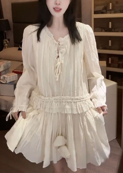 Lace-Up V-Neck Puff Sleeve Ruffle Tier Babydoll Mini Dress