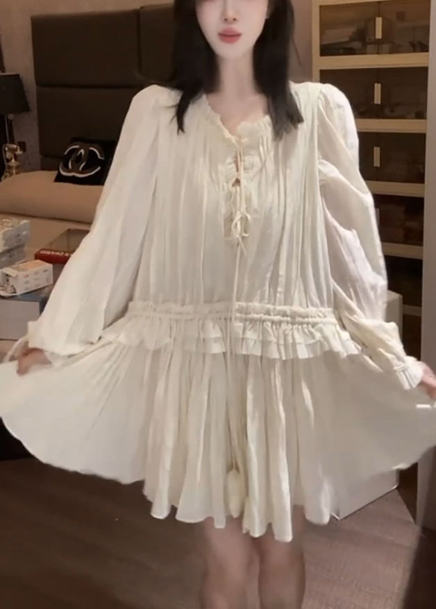 Lace-Up V-Neck Puff Sleeve Ruffle Tier Babydoll Mini Dress