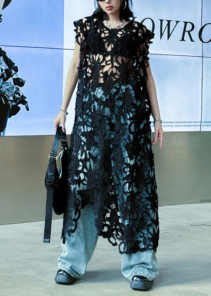 Round Neck Floral Cutout Lace Asymmetrical Hem Sleeveless Longline Dress
